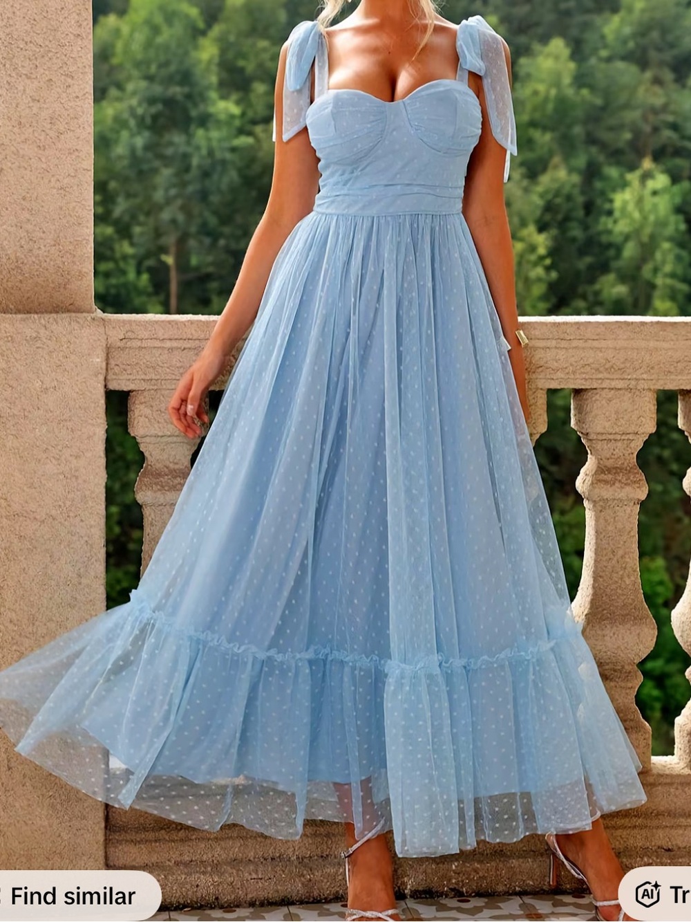 Light Blue Tulle Midi Dress with Bow Shoulder Straps